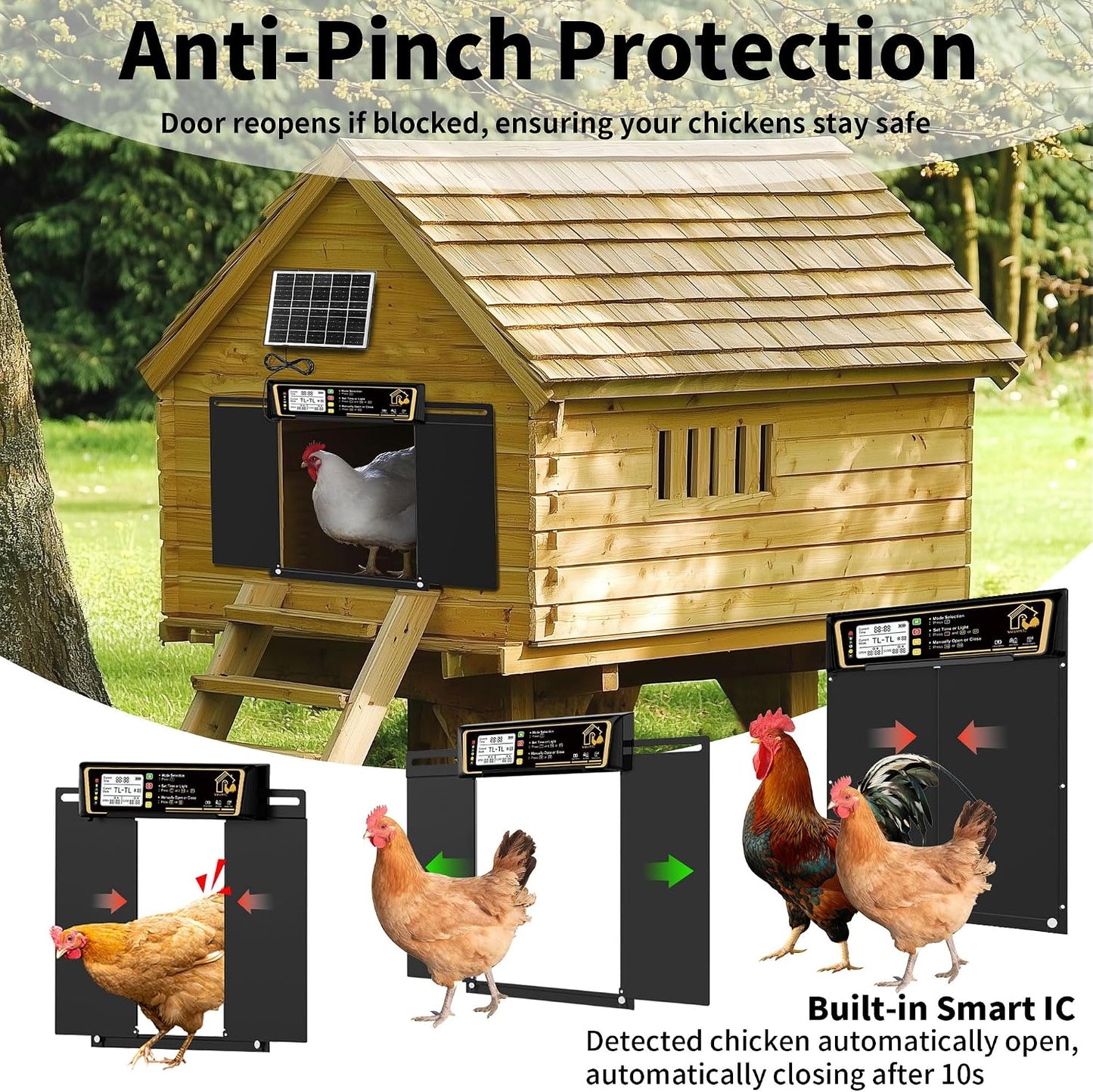 Large Automatic Chicken Coop Door Solar Powered | Charge with 7W Solar Panel Auto Chicken Door, Aluminum Electric Poultry Door with Time & Light Sensor, Remote Control