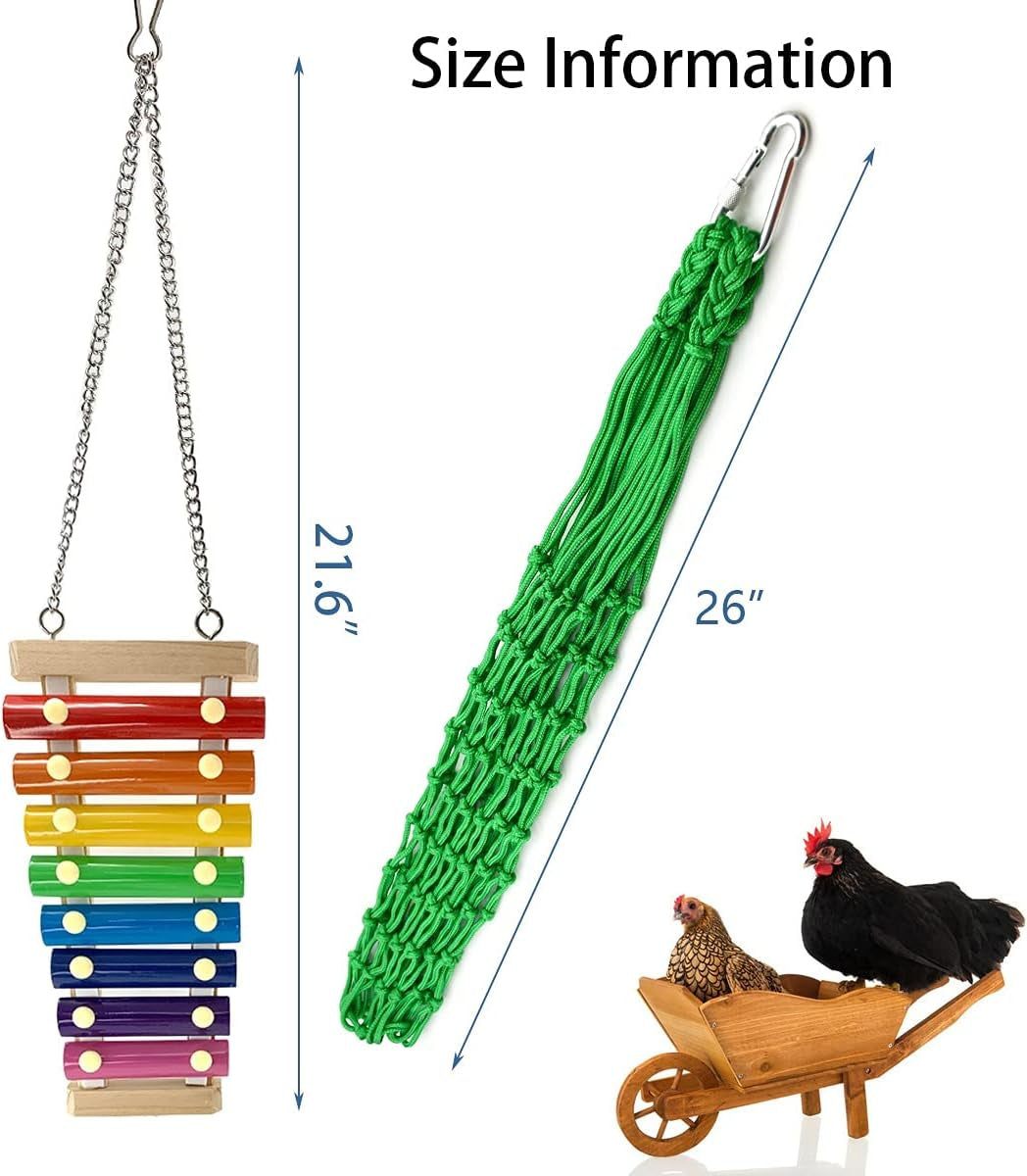 4PCS Chicken Coop Toys-Chicken Xylophone Toy Chicken Veggies Fruit Skewers Lettuce String Bag Hanger Chicken Treats Holder for Hens Roosters Chicks