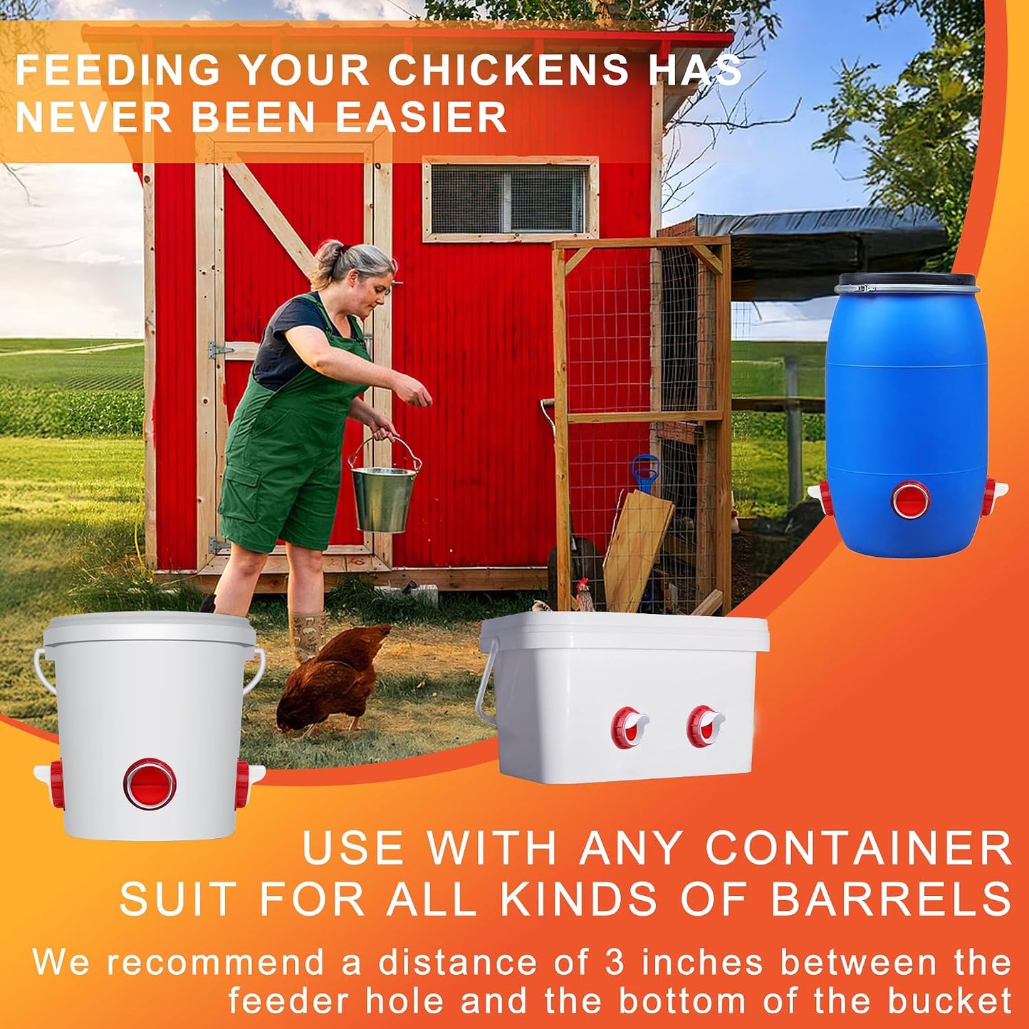 Chicken Feeders No Waste, DIY Automatic Poultry Feeder - 4 Ports Red | Buckets Barrels Bins Troughs‑Mountable Design for Common Breeds of Chicken with Hole Saw