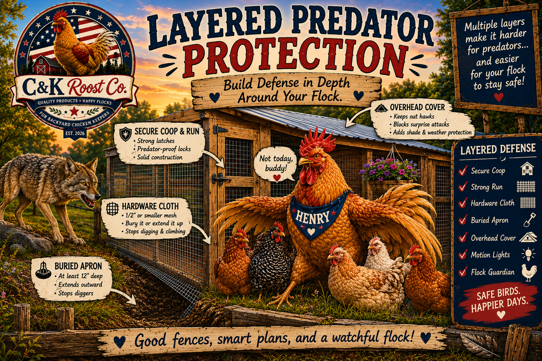 Layered predator protection for a backyard chicken flock, featuring Henry protecting hens from a coyote