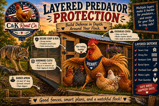 Layered predator protection for a backyard chicken flock, featuring Henry protecting hens from a coyote