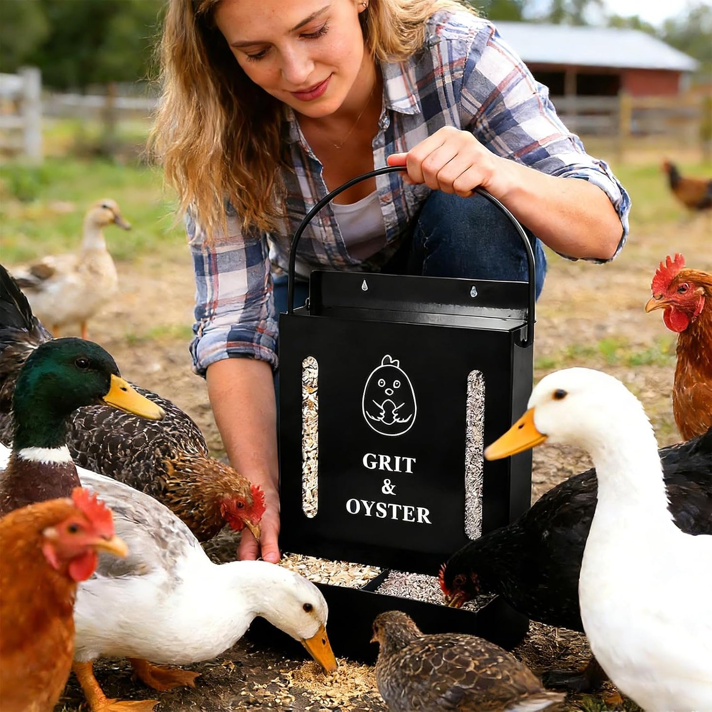 Oyster Shell and Grit Feeder Combo, Metal Chicken Feeder with Viewing Window/Lid, Hanging Gravity Chicken Grit Feeder, Coop Accessories for Healthier Hens and Eggs (Black)