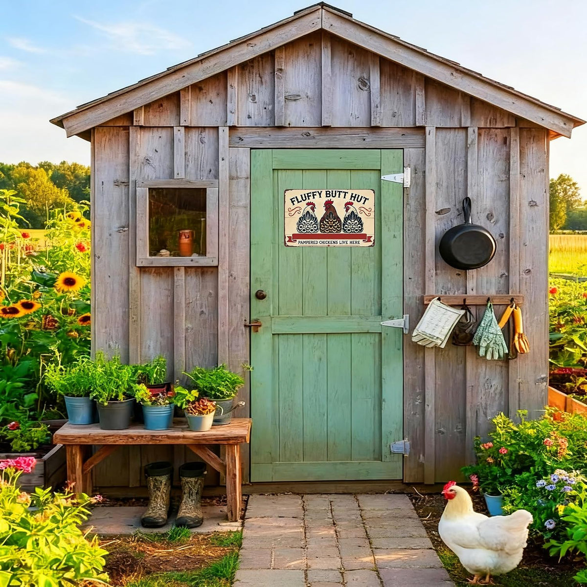 Fluffy Butt Hut Vintage Metal Chicken Coop Sign – 8" × 12"