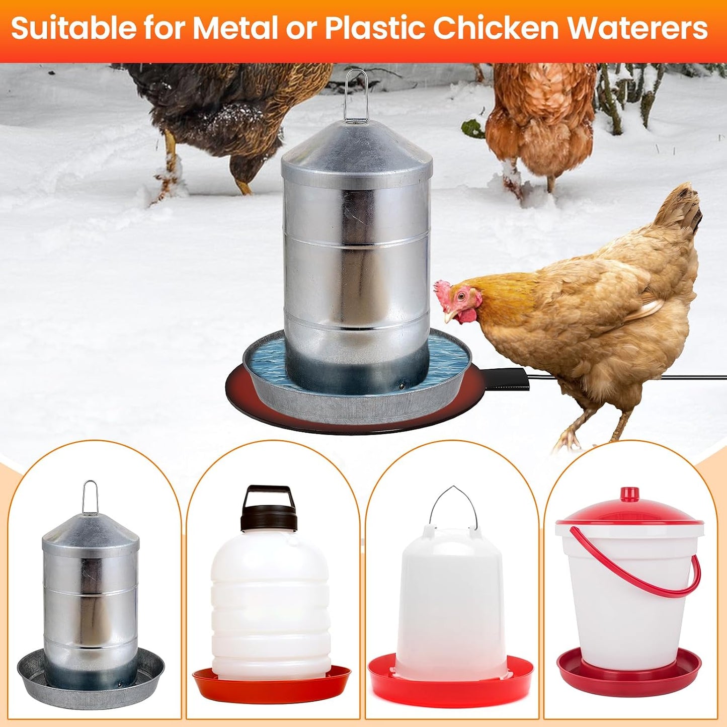 Chicken Water Heater for Winter, 6'' Heated Waterer Base for Metal/Plastic Poultry Waterer, 2-Temperature Settings, Built-In Thermostat (140°F - 194°F), Silicone Coop Heater with 6Ft Power Cord (2Pcs)
