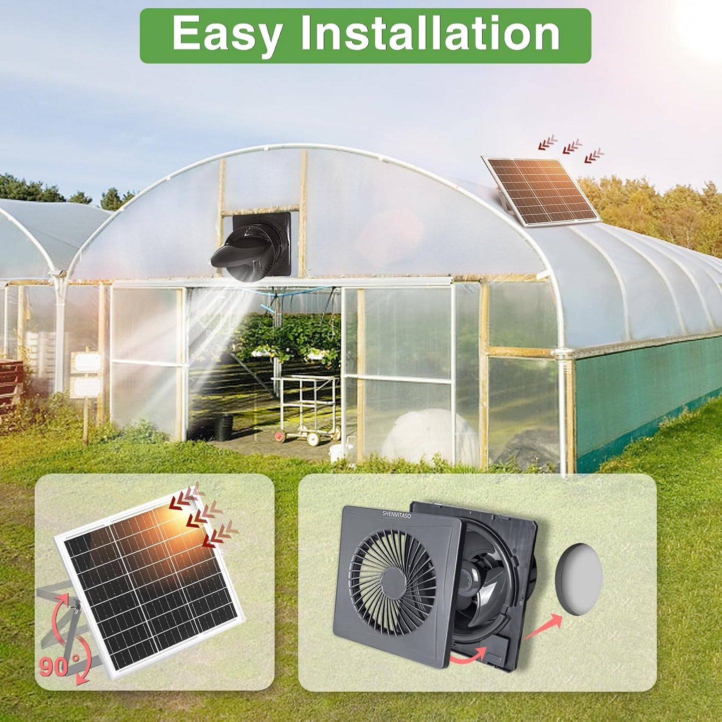 Solar Exhaust Fan, 25W Solar Panel + 8" Ventilation Vent Fan, with Power Adapter, Anti-Backflow Valve, High Speed Solar Powered Exhaust Fan with Bracket for Shed, Chicken Coop, Greenhouse, Dog House