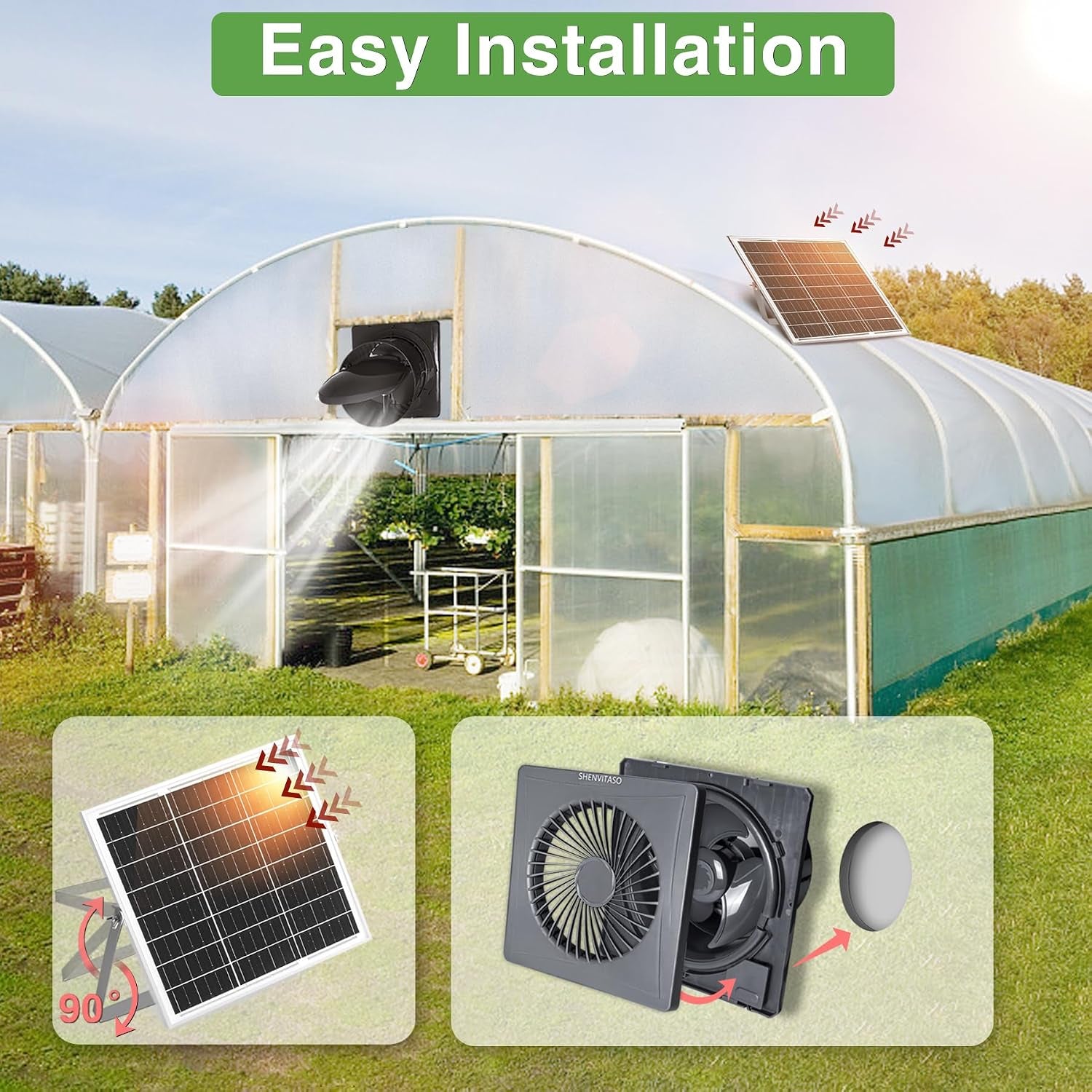 Solar Exhaust Fan, 25W Solar Panel + 8" Ventilation Vent Fan, with Power Adapter, Anti-Backflow Valve, High Speed Solar Powered Exhaust Fan with Bracket for Shed, Chicken Coop, Greenhouse, Dog House