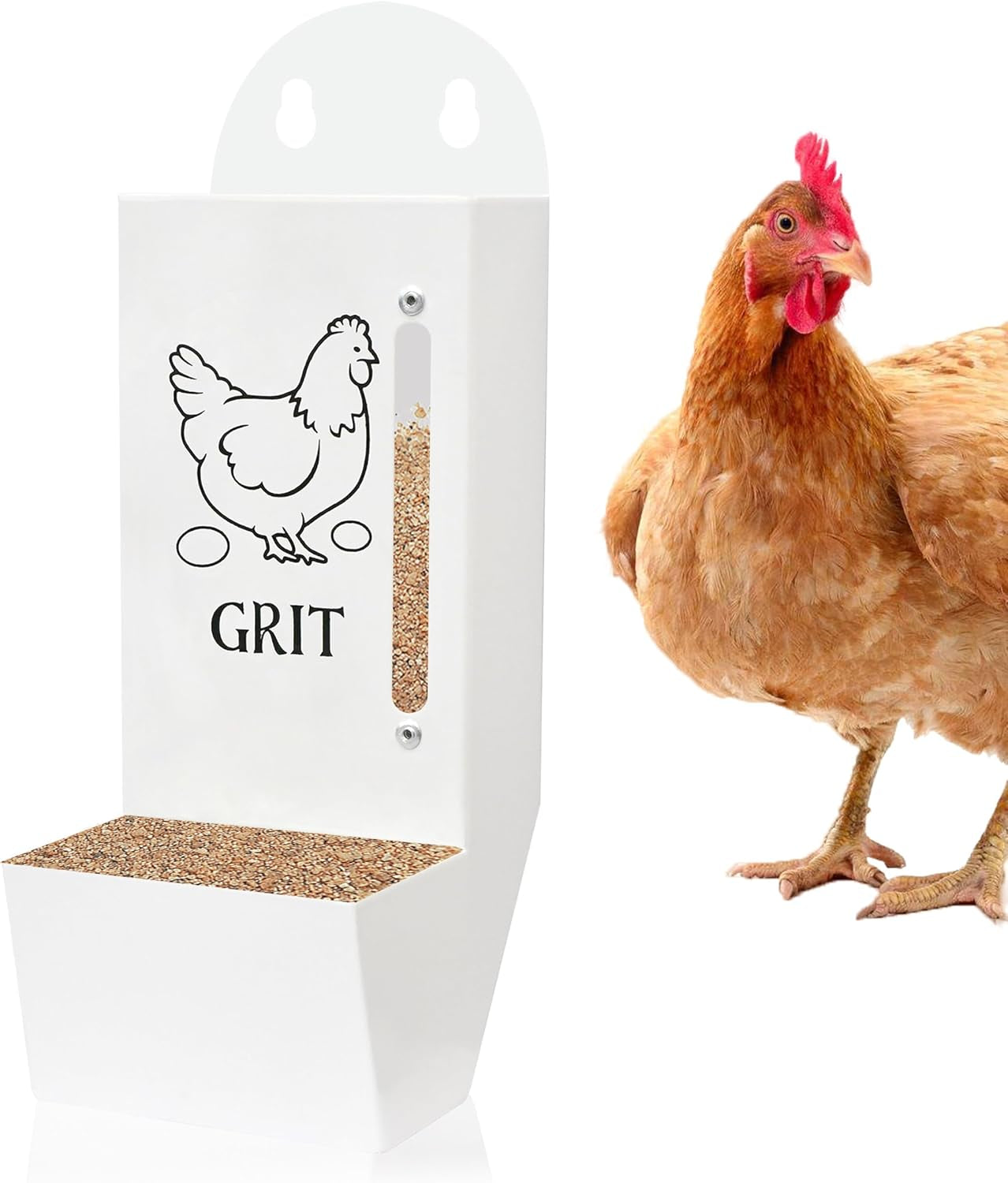 Chicken Grit and Oyster Shell Feeder, Poultry Feeder with Visual Window, No-Mess Weatherproof, Metal Hanging Gravity Chicken Feeder, Chicken Coop Accessories (Oyster-White)
