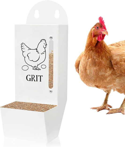 Chicken Grit and Oyster Shell Feeder, Poultry Feeder with Visual Window, No-Mess Weatherproof, Metal Hanging Gravity Chicken Feeder, Chicken Coop Accessories (Oyster-White)