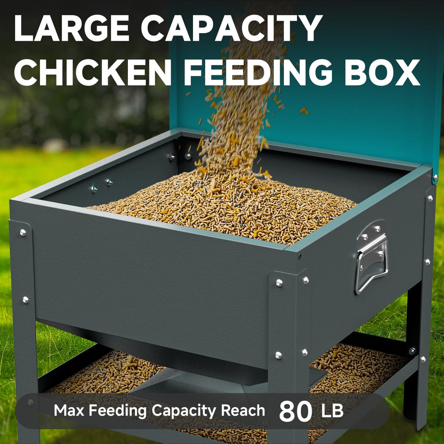 Automatic Metal Chicken Feeder,80Lb Large Capacity Portable Gravity Chicken Feeder Box with Weatherproof Lid, No Waste Poultry Feeder for Geese, Ducks(Green Lid)