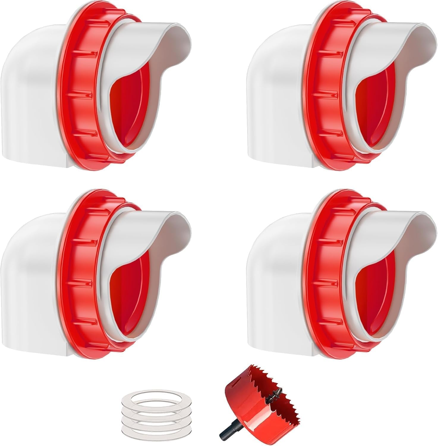 Chicken Feeders No Waste, DIY Automatic Poultry Feeder - 4 Ports Red | Buckets Barrels Bins Troughs‑Mountable Design for Common Breeds of Chicken with Hole Saw