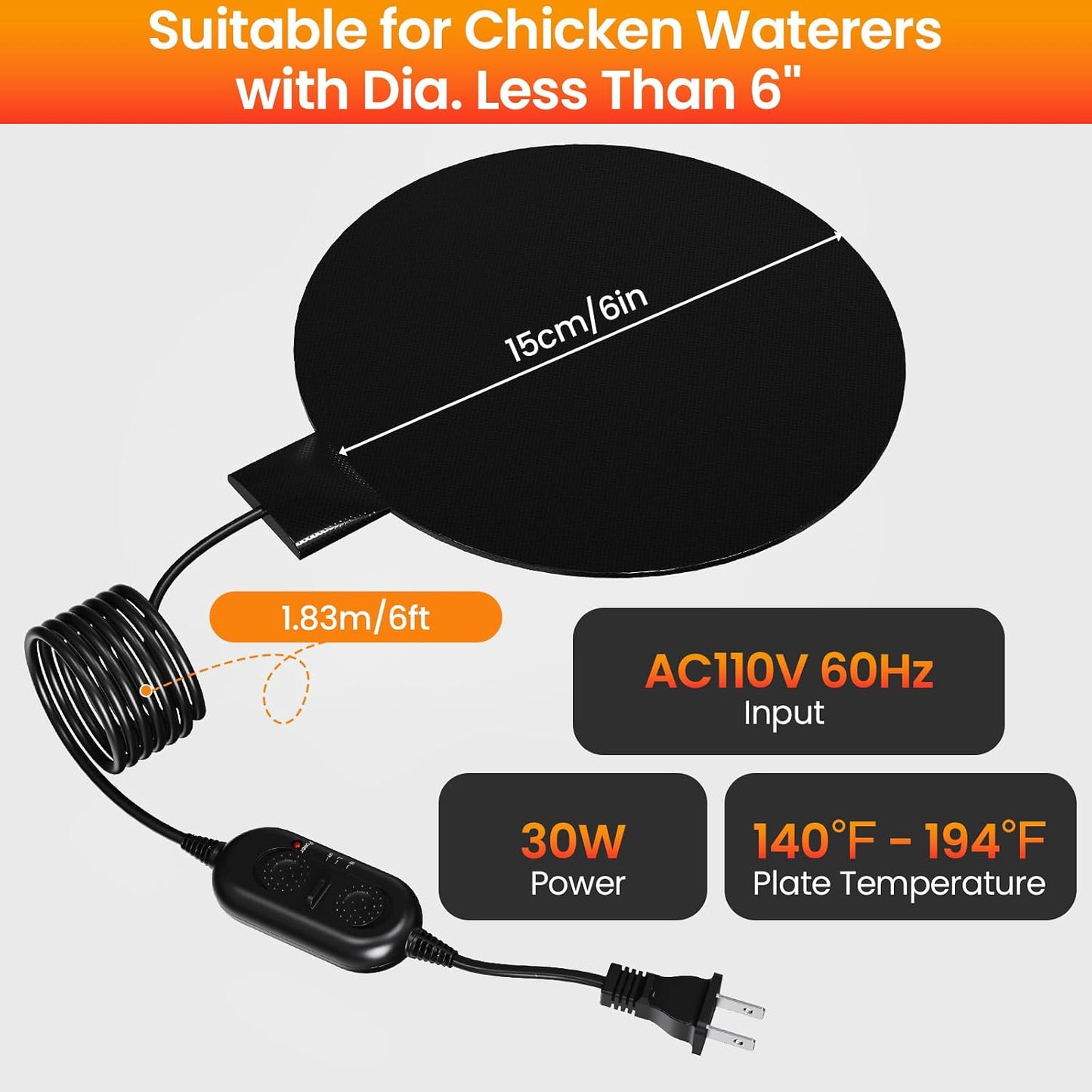 Chicken Water Heater for Winter, 6'' Heated Waterer Base for Metal/Plastic Poultry Waterer, 2-Temperature Settings, Built-In Thermostat (140°F - 194°F), Silicone Coop Heater with 6Ft Power Cord (2Pcs)