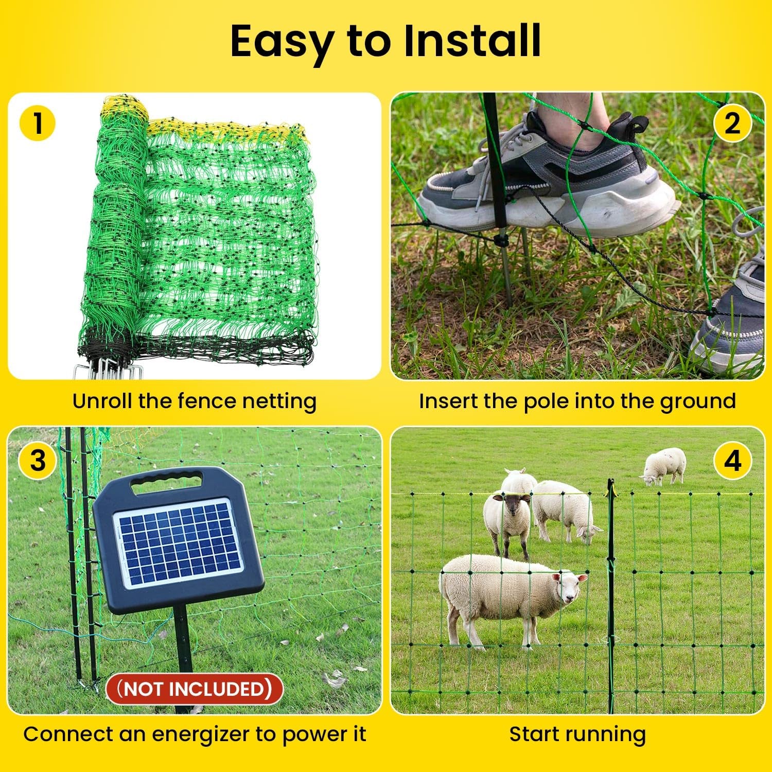 Electric Fence Netting, 49.6" H X 164'L Electric Anti-Predator Poultry Fence, PE Net Fencing Kit with 14 Posts Double Spiked, Movable Livestock Nets for Sheep, Hogs, Cattle and Other Big Poultry