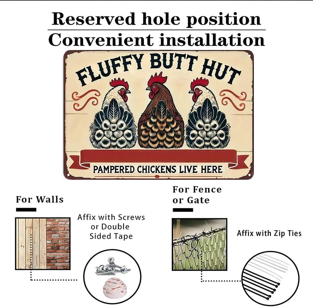 Fluffy Butt Hut Vintage Metal Chicken Coop Sign – 8" × 12"