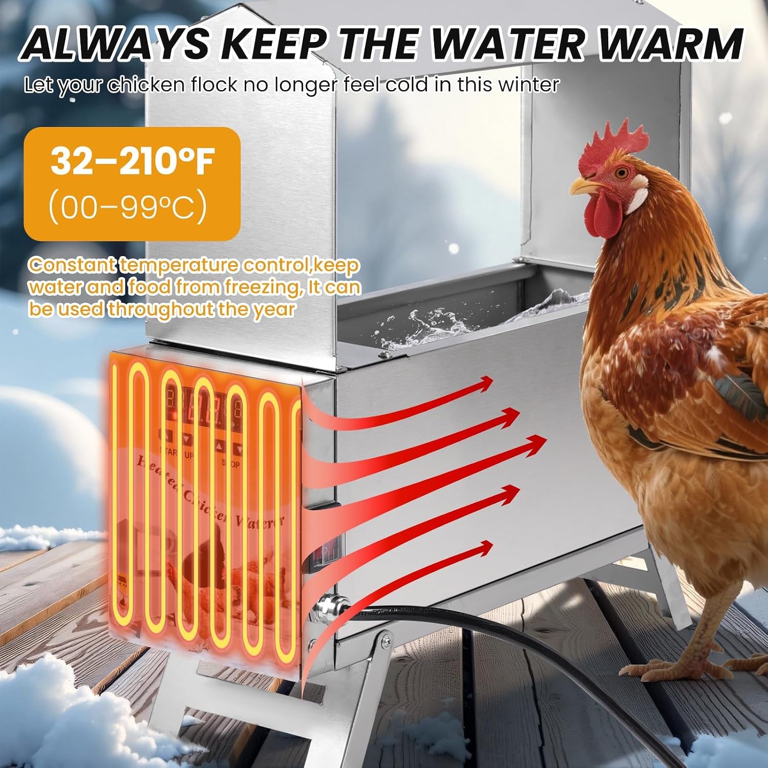 1.5 Gallon Heated Chicken Waterer Freeze Proof for Winter | Automatic Chicken Water Heater Poultry Drinker Watering System, with Control Panel, Adjustable Leg, Thermostatic Control