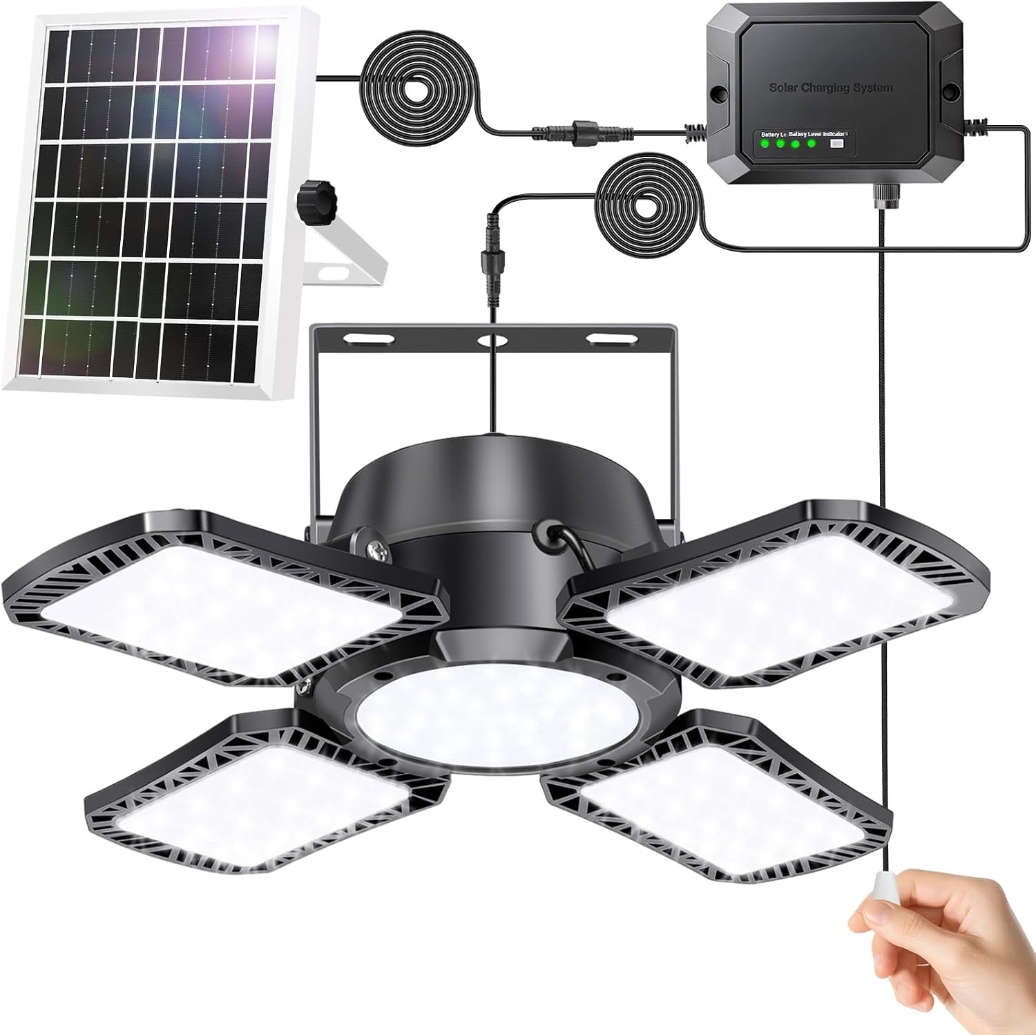 Solar Shed Lights Indoor Outdoor with Pull String, 2000LM Available All Day Solar Pendant Light, High/Low Brightness Switch Solar Lights Indoor, IP65 Waterproof for Gazebo, Shop, Garage