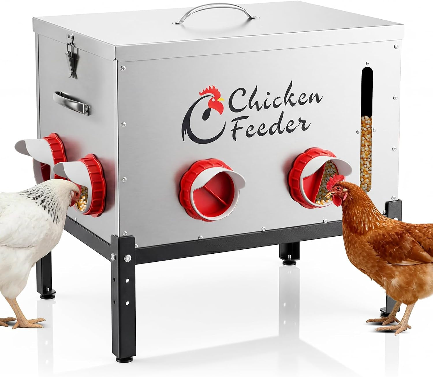 80LB Metal Chicken Feeder, Rat Proof Automatic Chicken Feeder with Visible Window & 8 Ports, Galvanized No Waste Poultry Feeder for Chickens, Ducks, Geese