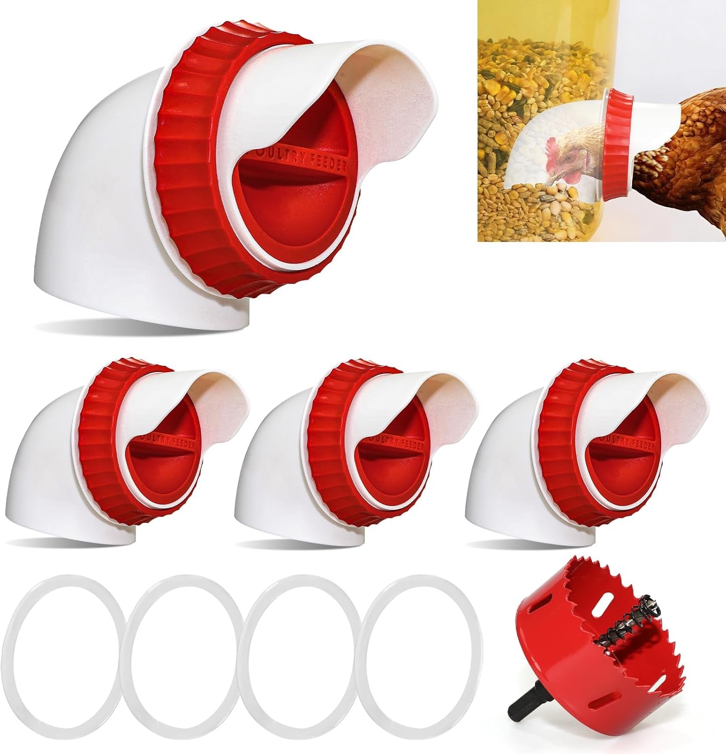 4PACK No Waste Chicken Feeder Ports, Chicken Feeder Cups for Bucket | DIY Chicken Feeder Kit with Hole Saw,Barrels,Bins,Troughs