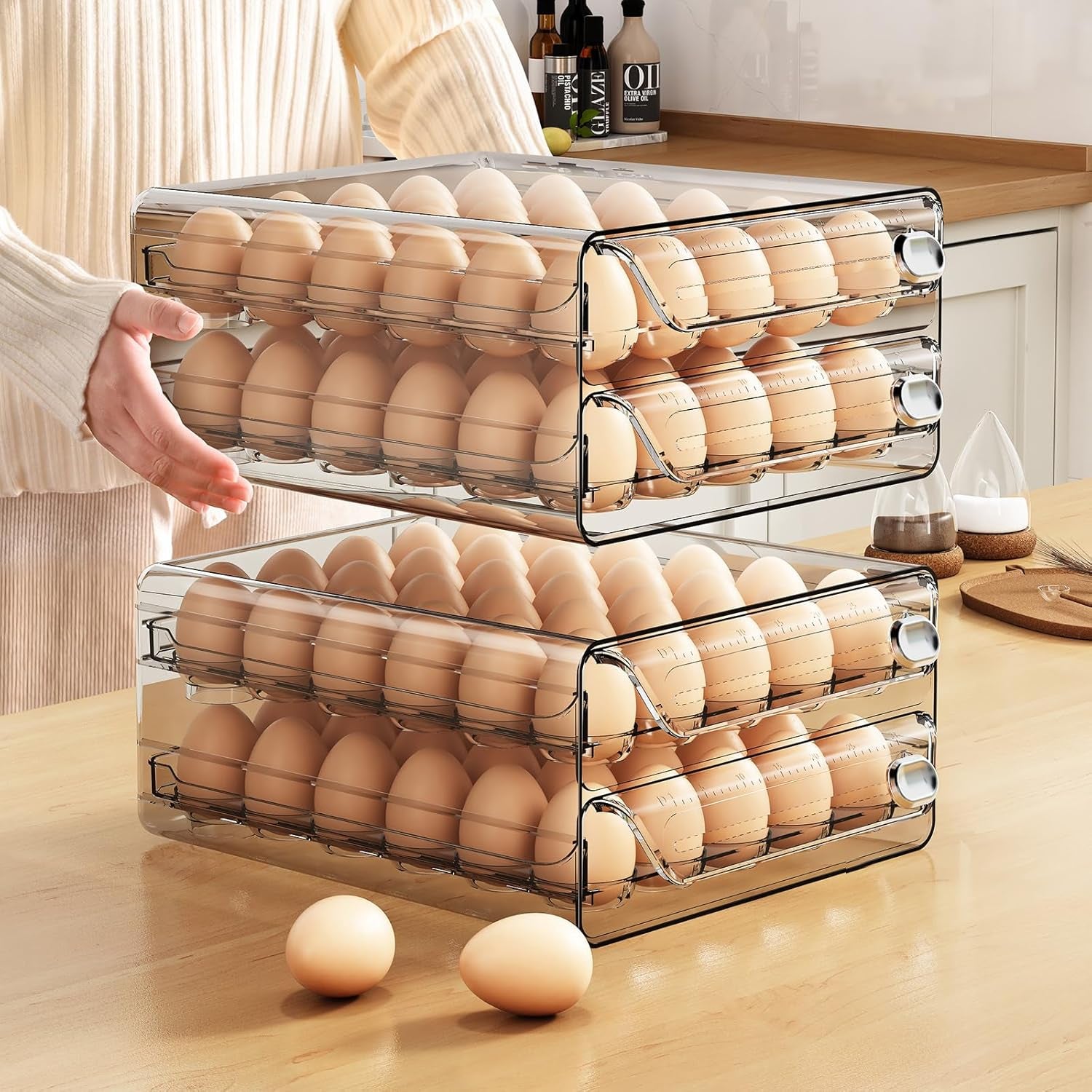 60 Eggs Organizer for Refrigerator, Large Egg Holder for Fridge, Clear Egg Container for Refrigerator, Stackable Egg Storage Trays for Countertop, Egg Drawer Dispenser, Egg Storage Container