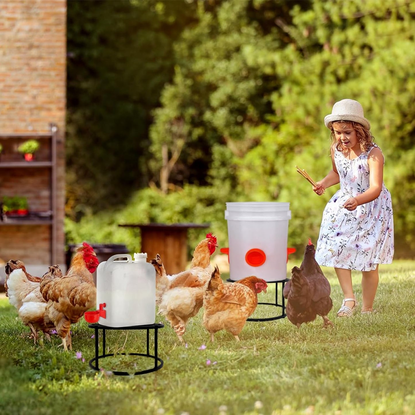 2Pcs Metal Stand for Chicken Feeder Waterer Heavy Duty Chicken Water Feeder Stand Holder with 4 Legs Rustproof Iron Chicken Waterer Buckets Stand round Support Rack for Coop Poultry Indoor Outdoor