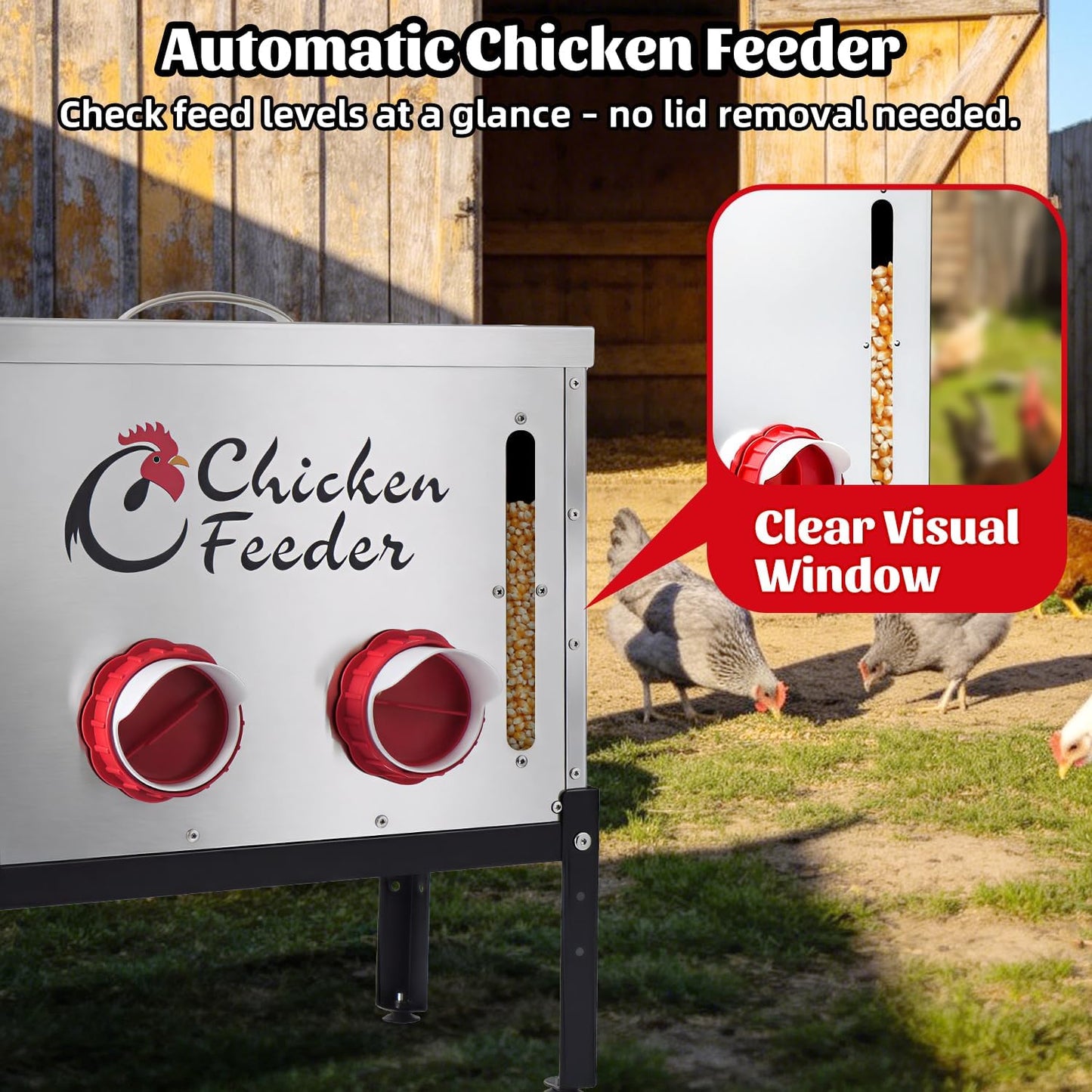 80LB Metal Chicken Feeder, Rat Proof Automatic Chicken Feeder with Visible Window & 8 Ports, Galvanized No Waste Poultry Feeder for Chickens, Ducks, Geese