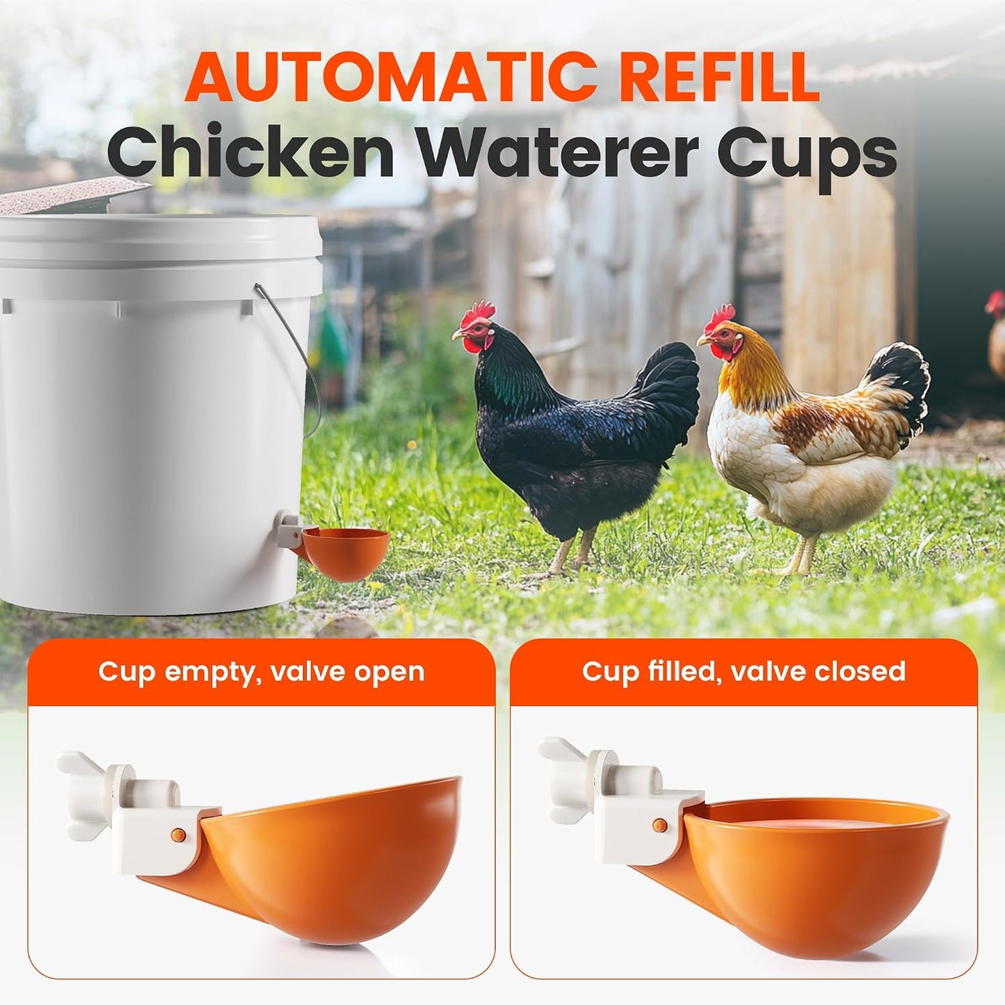 Chicken Waterer Cups, 6 Pack Automatic Chickens Water Cups for Poultry Orange