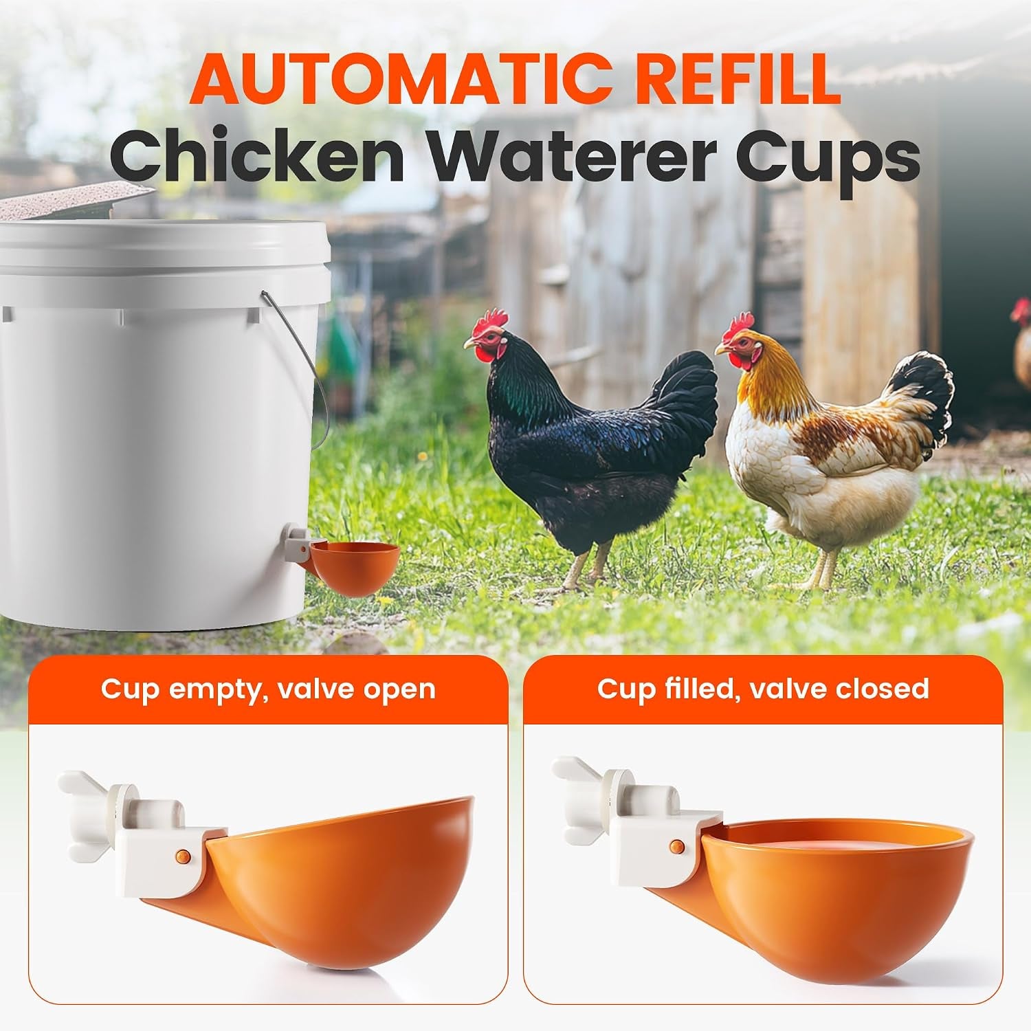 Chicken Waterer Cups, 6 Pack Automatic Chickens Water Cups for Poultry Orange