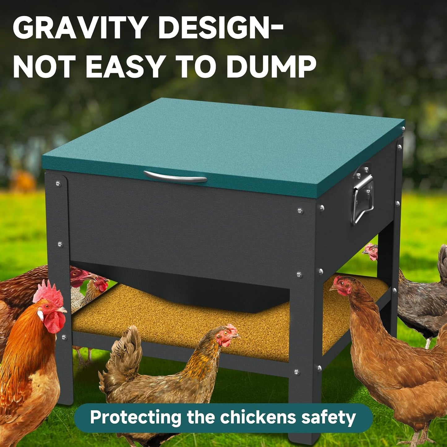 Automatic Metal Chicken Feeder,80Lb Large Capacity Portable Gravity Chicken Feeder Box with Weatherproof Lid, No Waste Poultry Feeder for Geese, Ducks(Green Lid)