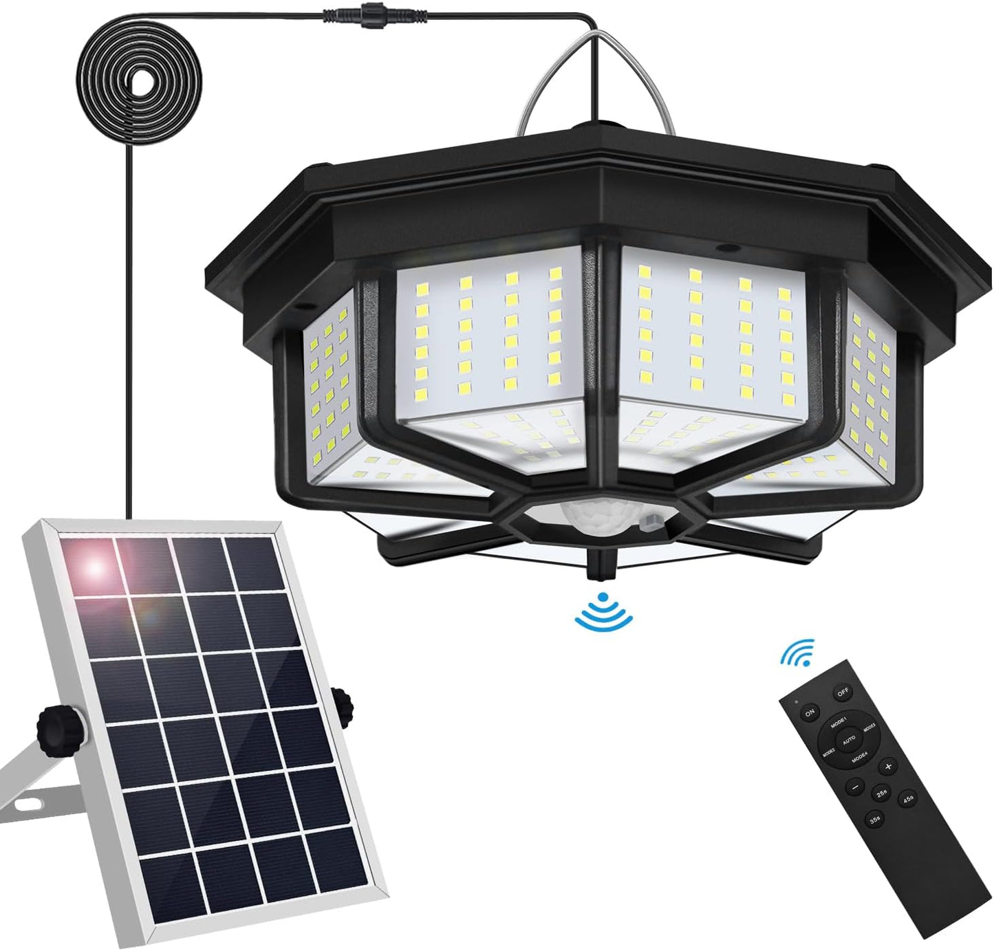 Solar Shed Light Indoor Outdoor,  288LED Solar Powered Motion Sensor Pendant Light Daytime Available, Solar Indoor Lights with 5 Lighting Modes & Remote for Shed Gazebo Barn Garage Home