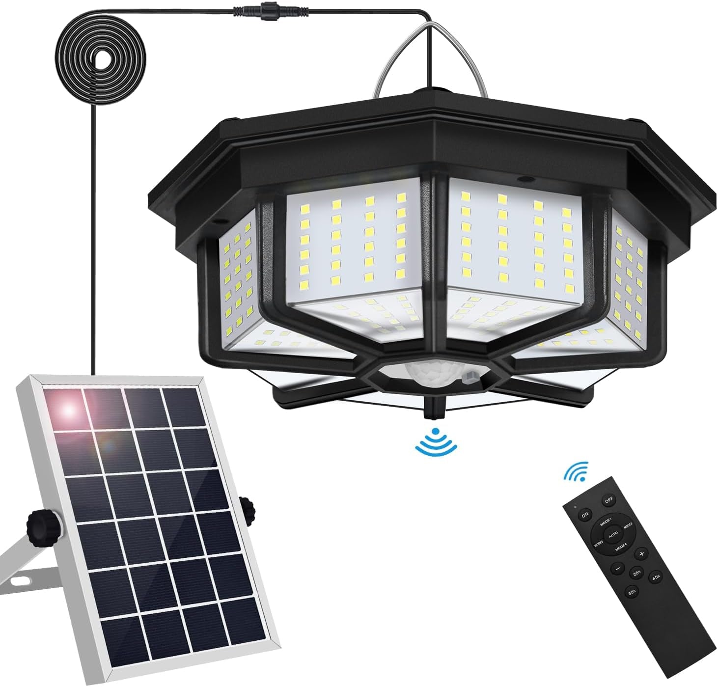Solar Shed Light Indoor Outdoor,  288LED Solar Powered Motion Sensor Pendant Light Daytime Available, Solar Indoor Lights with 5 Lighting Modes & Remote for Shed Gazebo Barn Garage Home