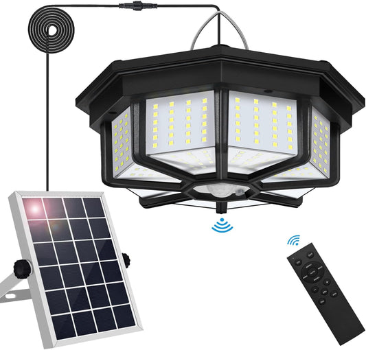 Solar Shed Light Indoor Outdoor,  288LED Solar Powered Motion Sensor Pendant Light Daytime Available, Solar Indoor Lights with 5 Lighting Modes & Remote for Shed Gazebo Barn Garage Home