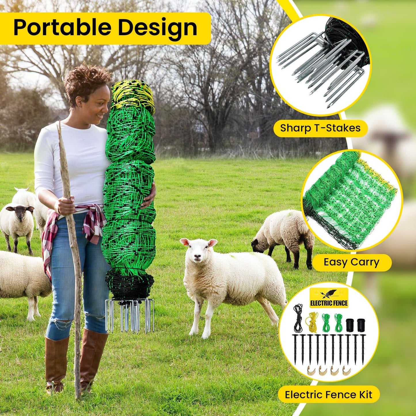 Electric Fence Netting, 49.6" H X 164'L Electric Anti-Predator Poultry Fence, PE Net Fencing Kit with 14 Posts Double Spiked, Movable Livestock Nets for Sheep, Hogs, Cattle and Other Big Poultry