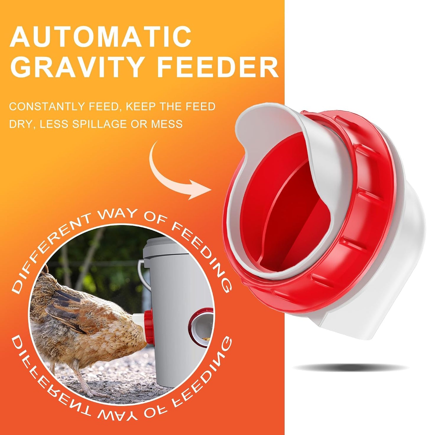 Chicken Feeders No Waste, DIY Automatic Poultry Feeder - 4 Ports Red | Buckets Barrels Bins Troughs‑Mountable Design for Common Breeds of Chicken with Hole Saw