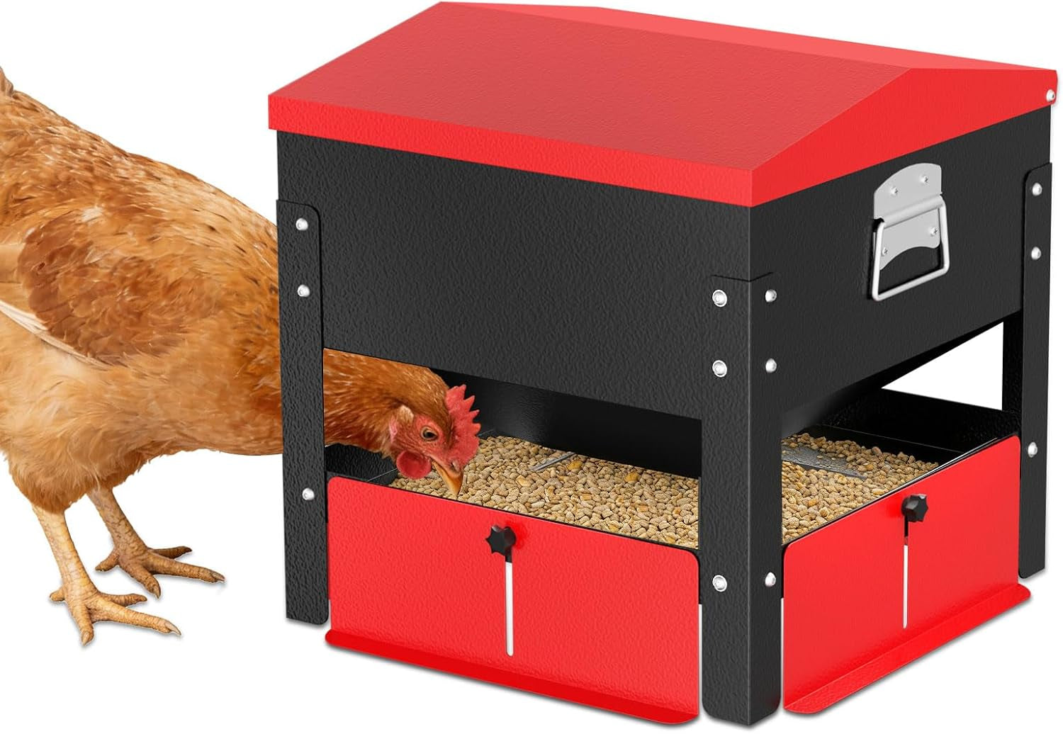 80Lb Automatic Metal Chicken Feeder,Heavy Duty Portable Gravity Chicken Feeder Box with Weatherproof Lid, No Waste Predator-Proof Poultry Feeder with Lockable Access Door for Ducks, Geese