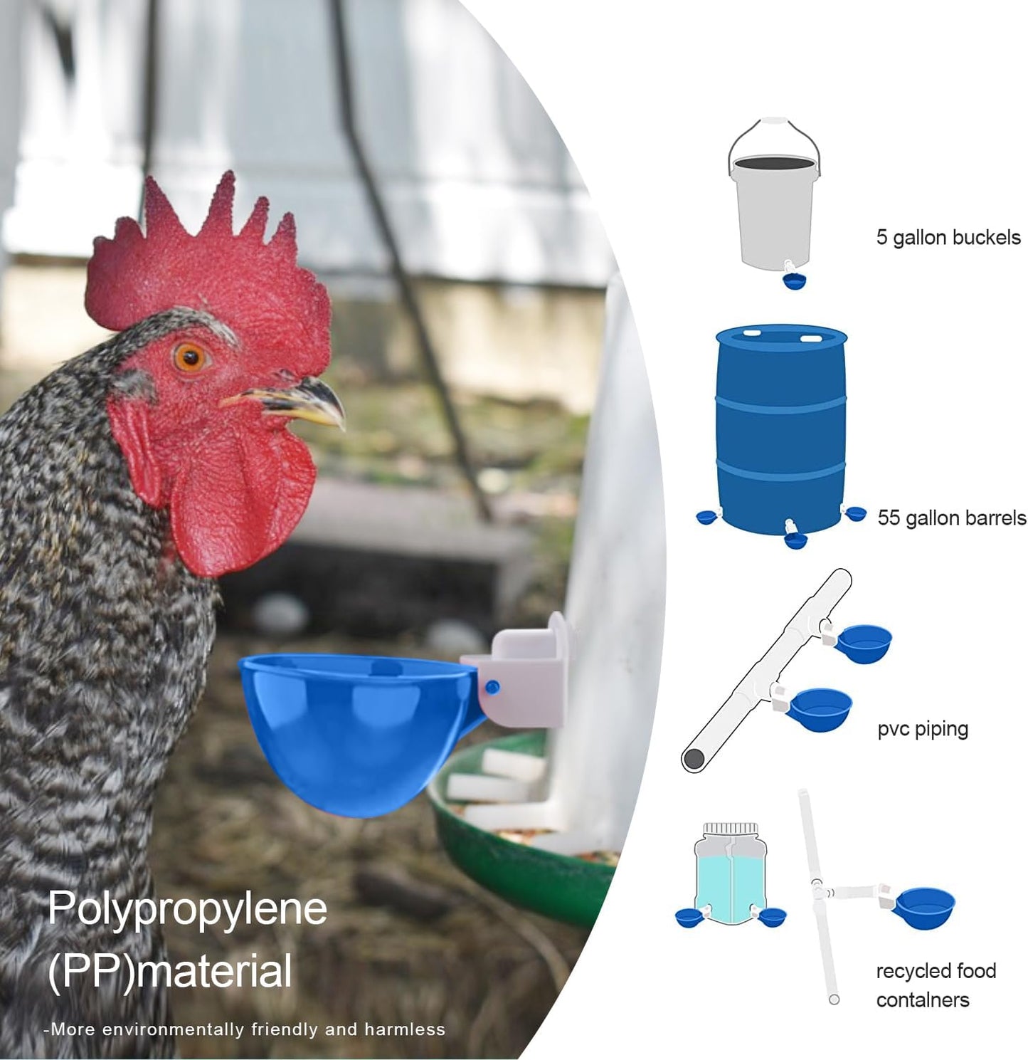Chicken Waterer Cups, 8 Packs Blue Large Chicken Watering Cups | Automatic Chicken Water Cups, Tee Fittings Poultry Feeder Cups Suitable for Chicken, Duck, Turkey with Mounting Hole Opener