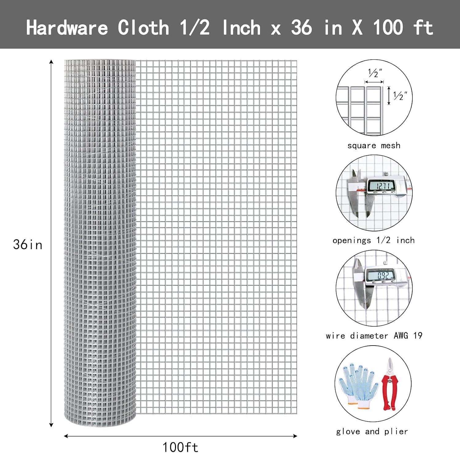 Hardware Cloth 1/2 Inch 36 X 100 Ft 19 Gauge, Chicken Coop Wire Fencing, Hot Dipped Galvanized Wire Mesh, Hardware Cloth for Chicken Coop, Rabbit Cages, Garden, Small Rodents Screen Fence