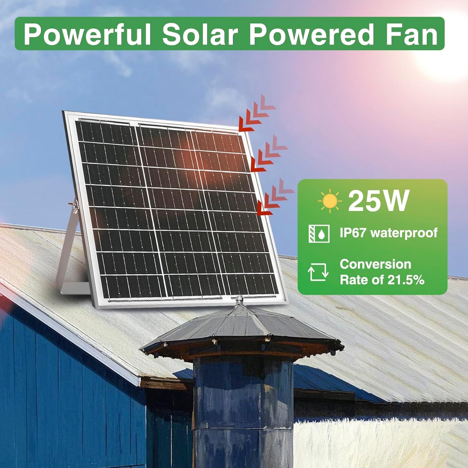 Solar Exhaust Fan, 25W Solar Panel + 8" Ventilation Vent Fan, with Power Adapter, Anti-Backflow Valve, High Speed Solar Powered Exhaust Fan with Bracket for Shed, Chicken Coop, Greenhouse, Dog House