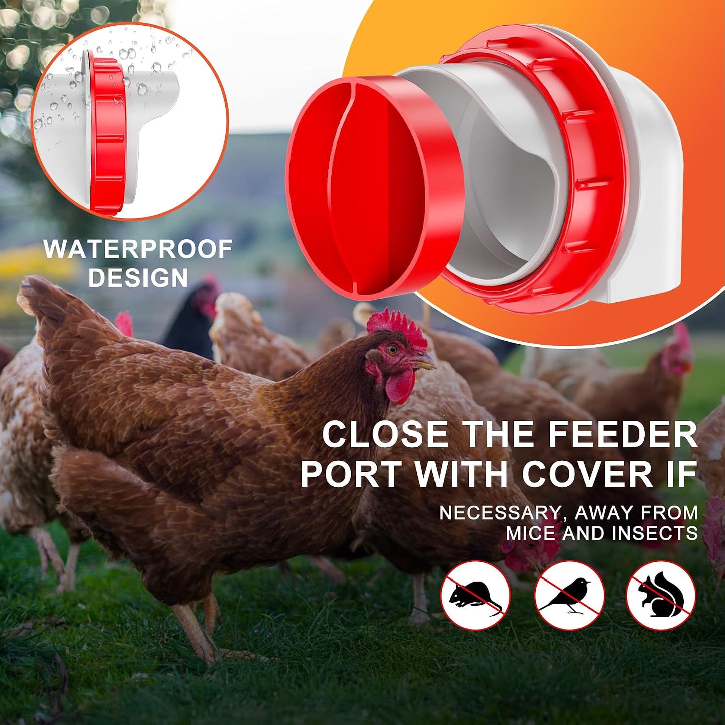 Chicken Feeders No Waste, DIY Automatic Poultry Feeder - 4 Ports Red | Buckets Barrels Bins Troughs‑Mountable Design for Common Breeds of Chicken with Hole Saw