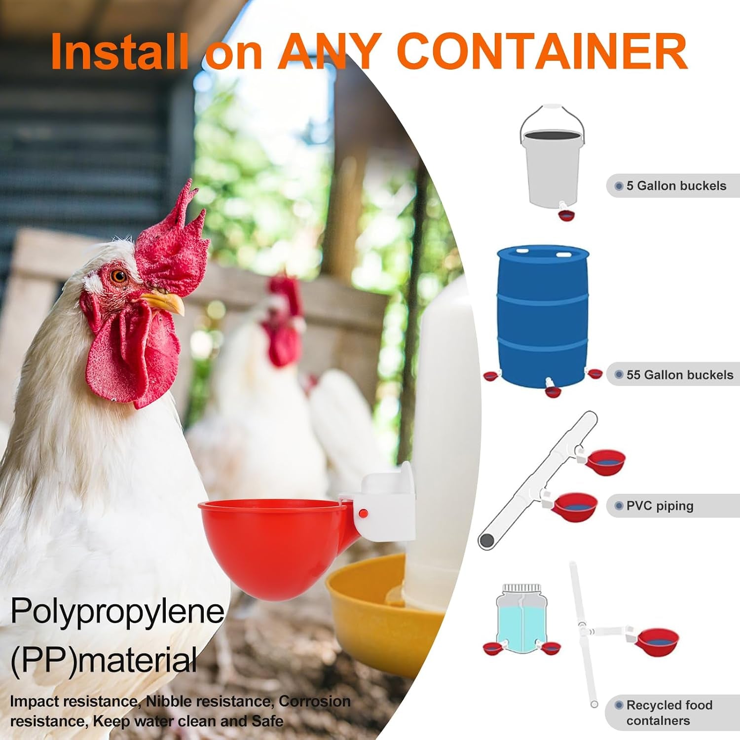 Automatic Chicken Waterer Cups, 6 Pack Large Chicken Water Feeder | Chicken Water Cups, Poultry Waterer Great for Duck, Chicken, Goose, Turkey, Bunny and Bird with Installing Drill
