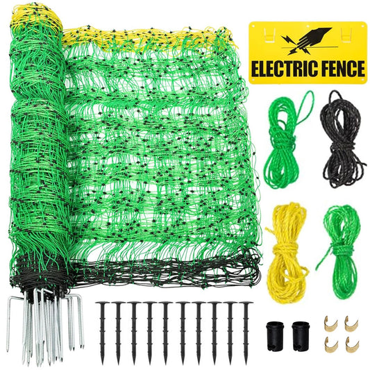 Electric Fence Netting, 49.6" H X 164'L Electric Anti-Predator Poultry Fence, PE Net Fencing Kit with 14 Posts Double Spiked, Movable Livestock Nets for Sheep, Hogs, Cattle and Other Big Poultry