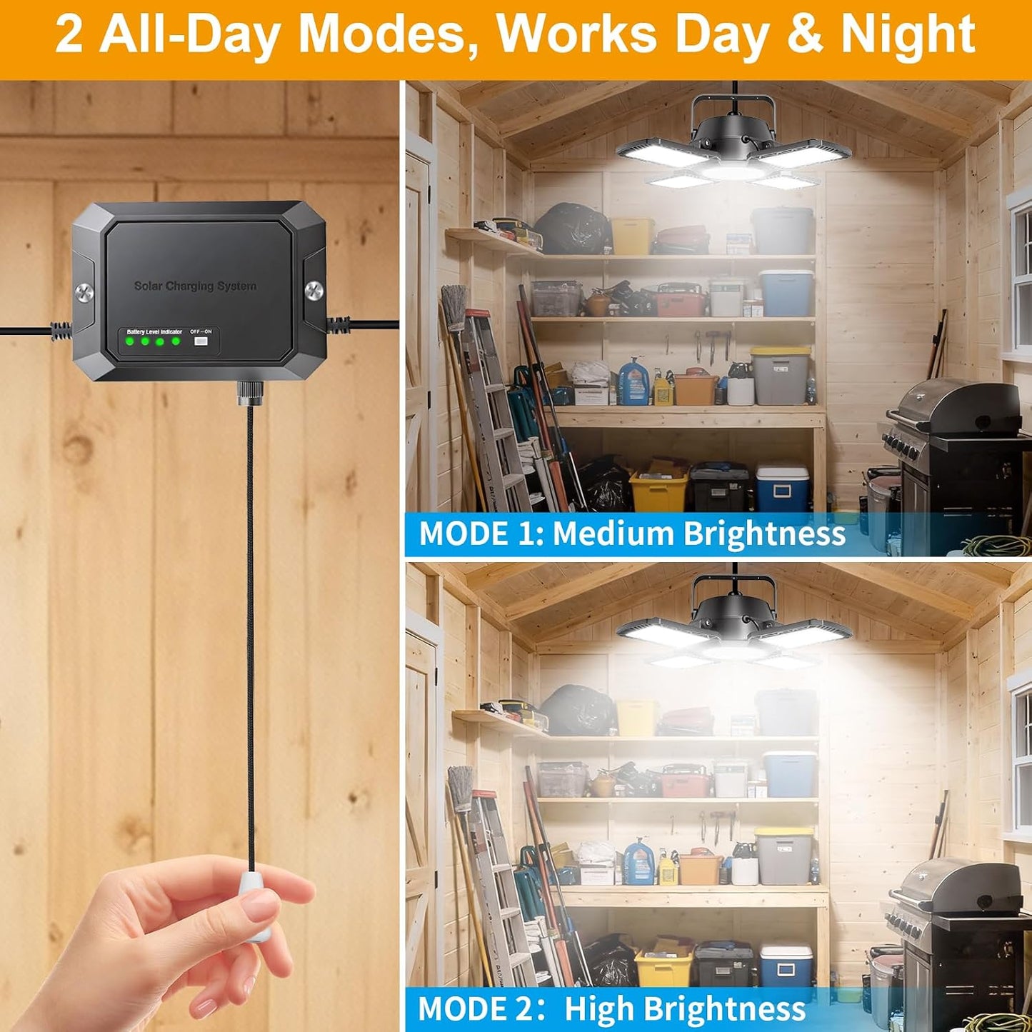 Solar Shed Lights Indoor Outdoor with Pull String, 2000LM Available All Day Solar Pendant Light, High/Low Brightness Switch Solar Lights Indoor, IP65 Waterproof for Gazebo, Shop, Garage