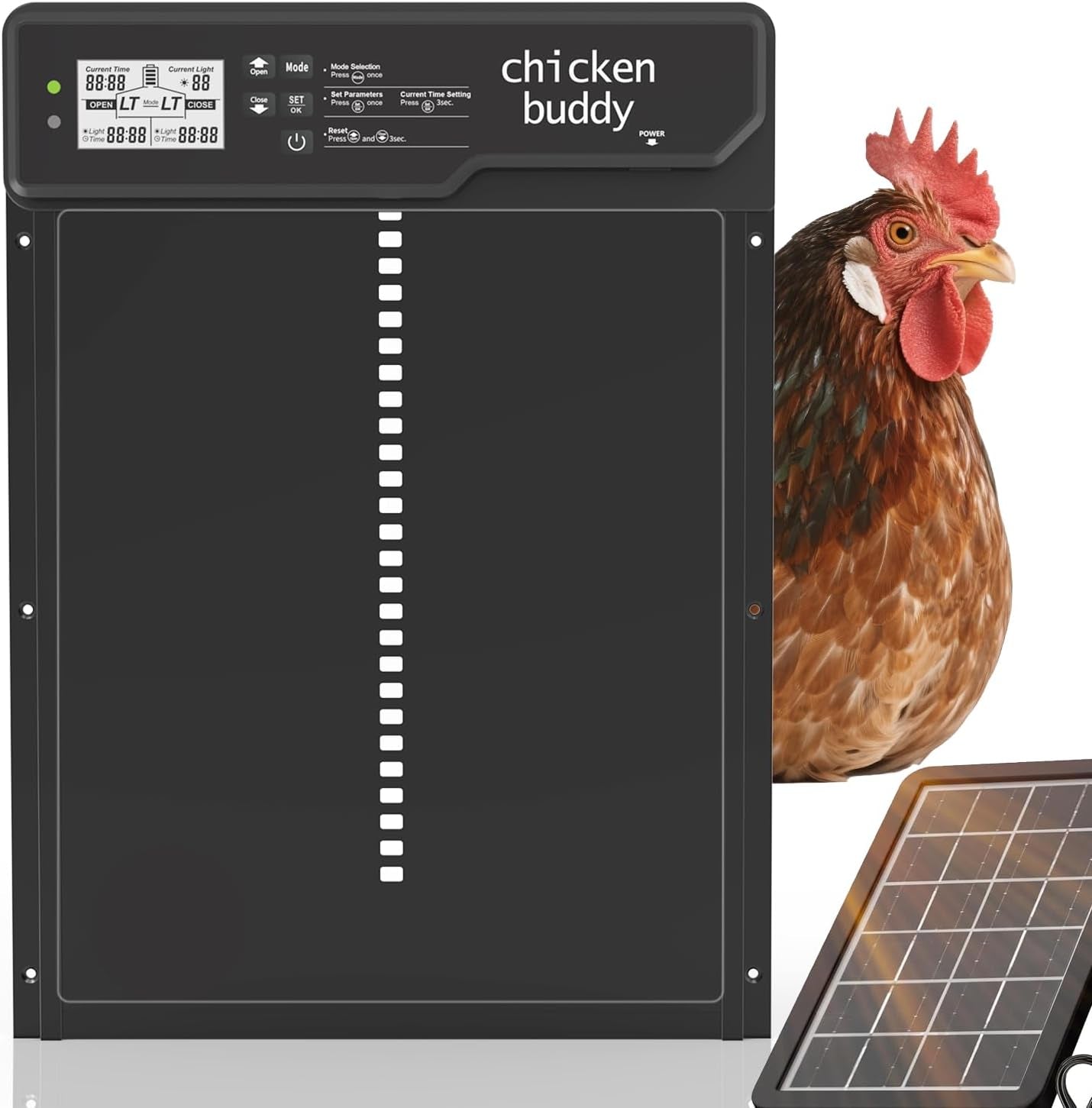 Automatic Chicken Coop Door Solar Powered Extra Large 10″ X 14.3 ″LCD Display Automatic Chicken Door with 4 Modes Timer & Light Sensor, Aluminum Alloy Chicken Door
