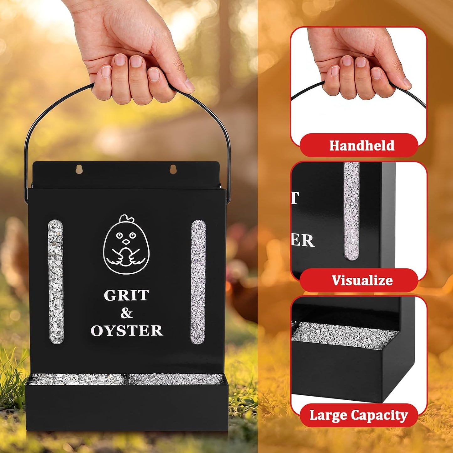 Oyster Shell and Grit Feeder Combo, Metal Chicken Feeder with Viewing Window/Lid, Hanging Gravity Chicken Grit Feeder, Coop Accessories for Healthier Hens and Eggs (Black)