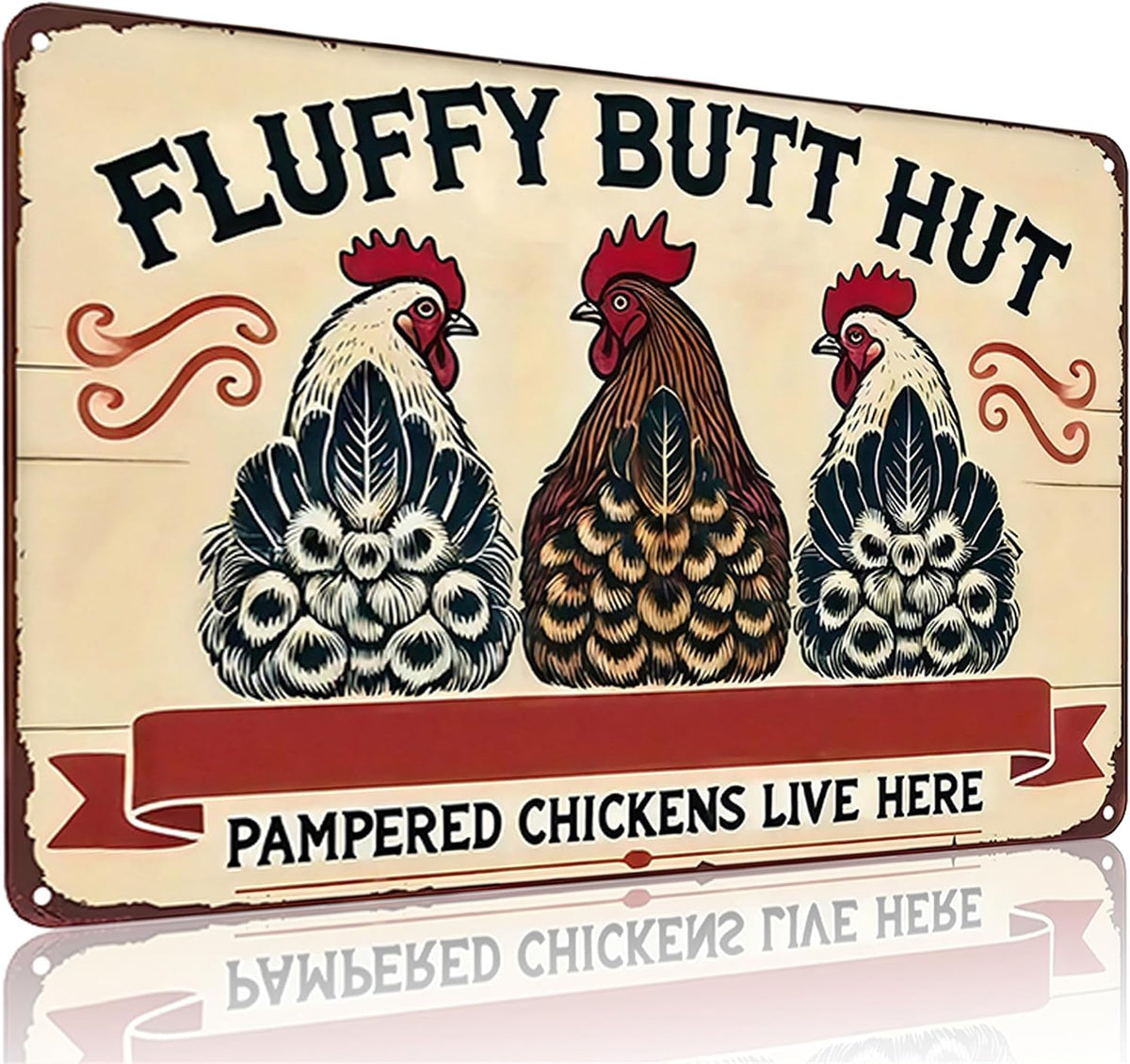 Fluffy Butt Hut Vintage Metal Chicken Coop Sign – 8" × 12"