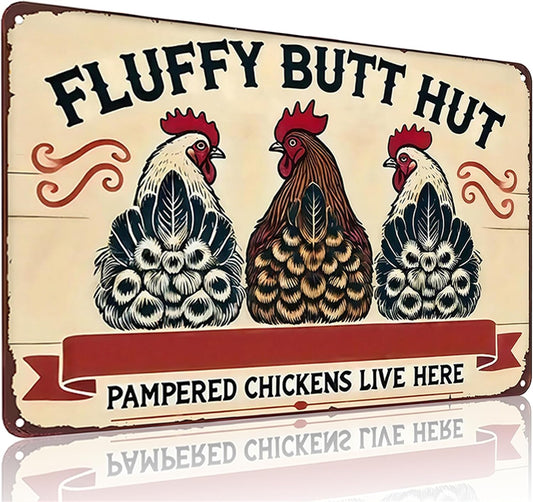 Fluffy Butt Hut Vintage Metal Chicken Coop Sign – 8" × 12"