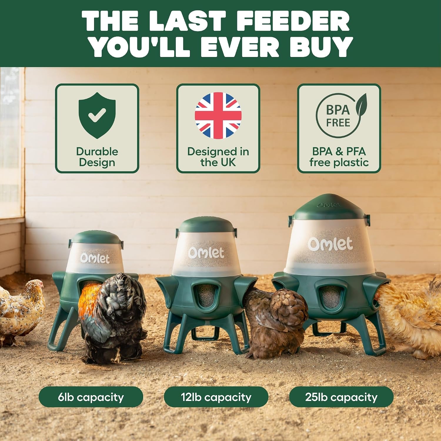 No Waste Chicken Feeder for Coop | Anti-Spill Poultry Feeder with 3 Feeding Ports | Hanging or Free Standing | Weatherproof | 6Lb