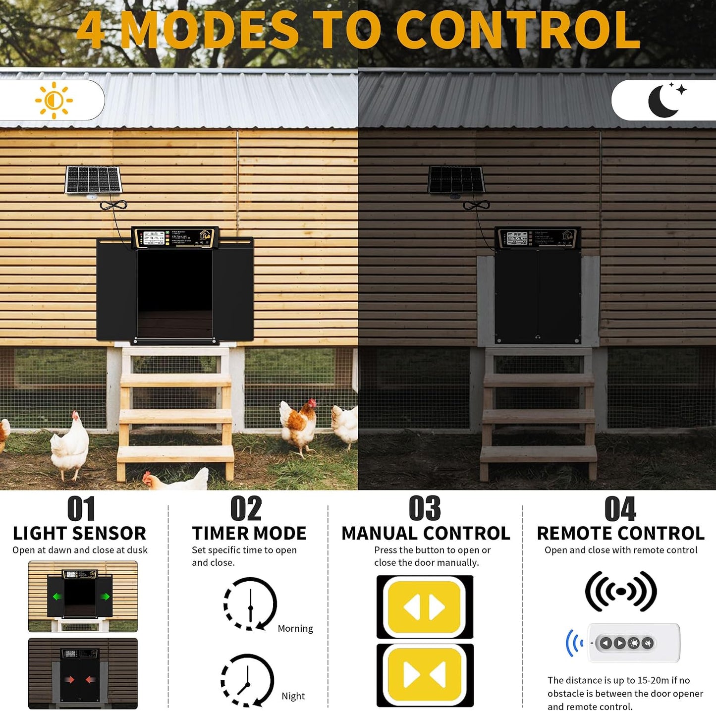 Large Automatic Chicken Coop Door Solar Powered | Charge with 7W Solar Panel Auto Chicken Door, Aluminum Electric Poultry Door with Time & Light Sensor, Remote Control
