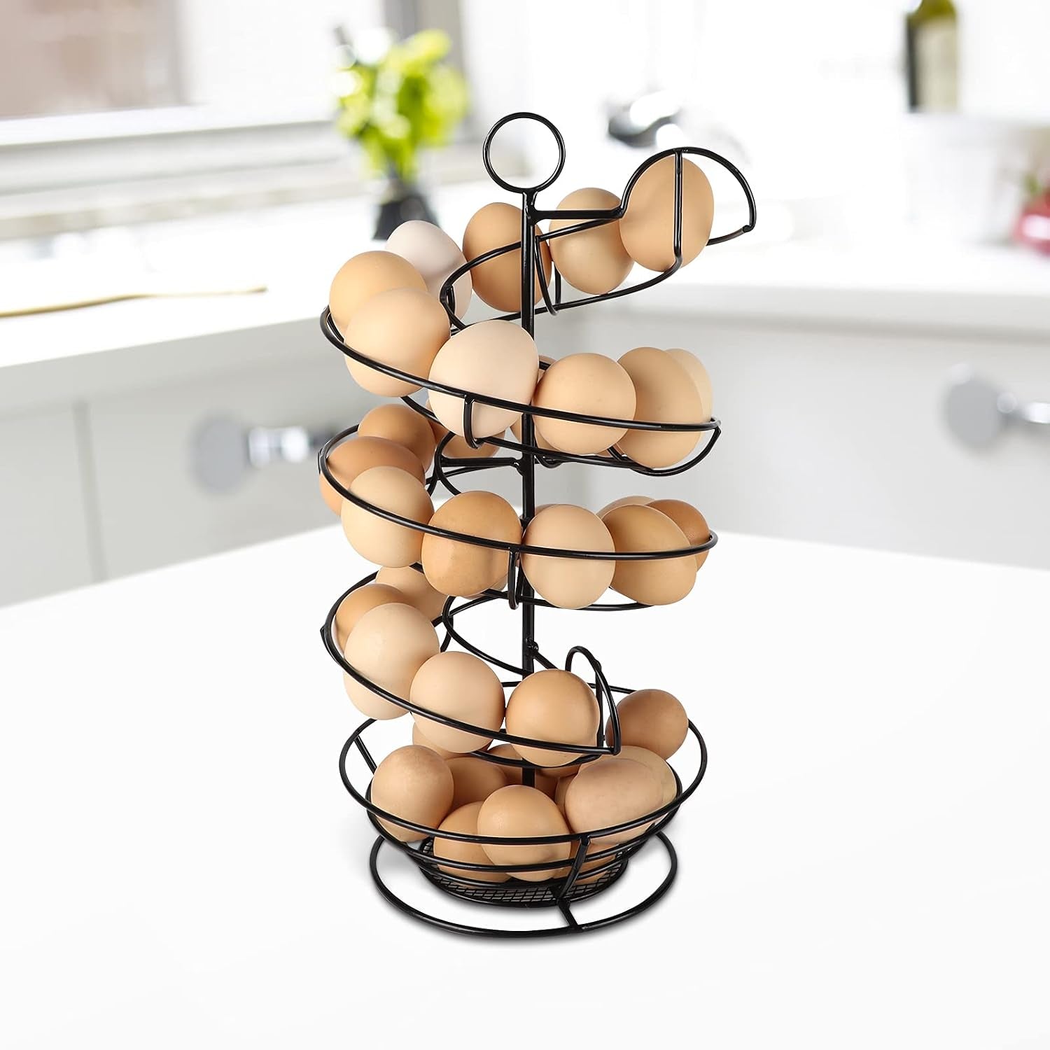 Black Metal Egg Skelter with Storage Basket, Spiral Design Egg Holder for Large Egg for Countertop, Kitchen