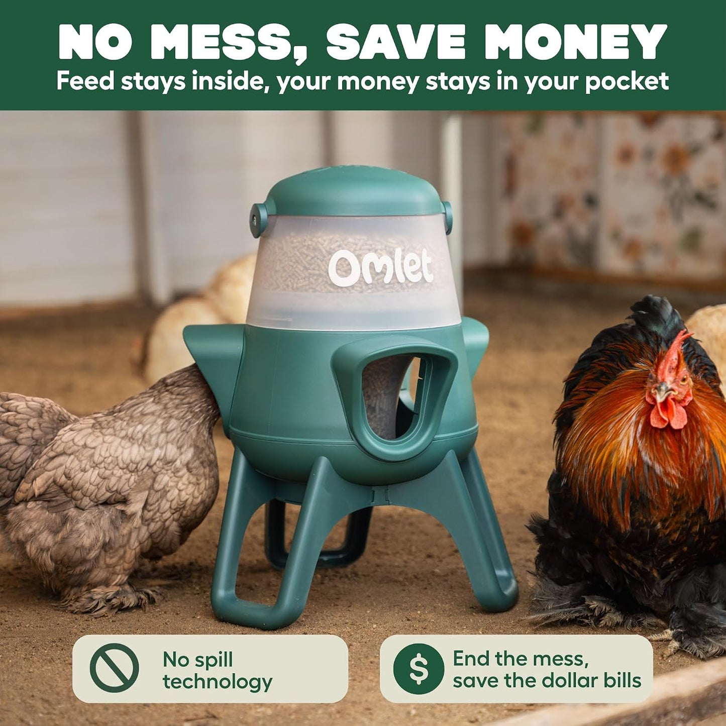 No Waste Chicken Feeder for Coop | Anti-Spill Poultry Feeder with 3 Feeding Ports | Hanging or Free Standing | Weatherproof | 6Lb
