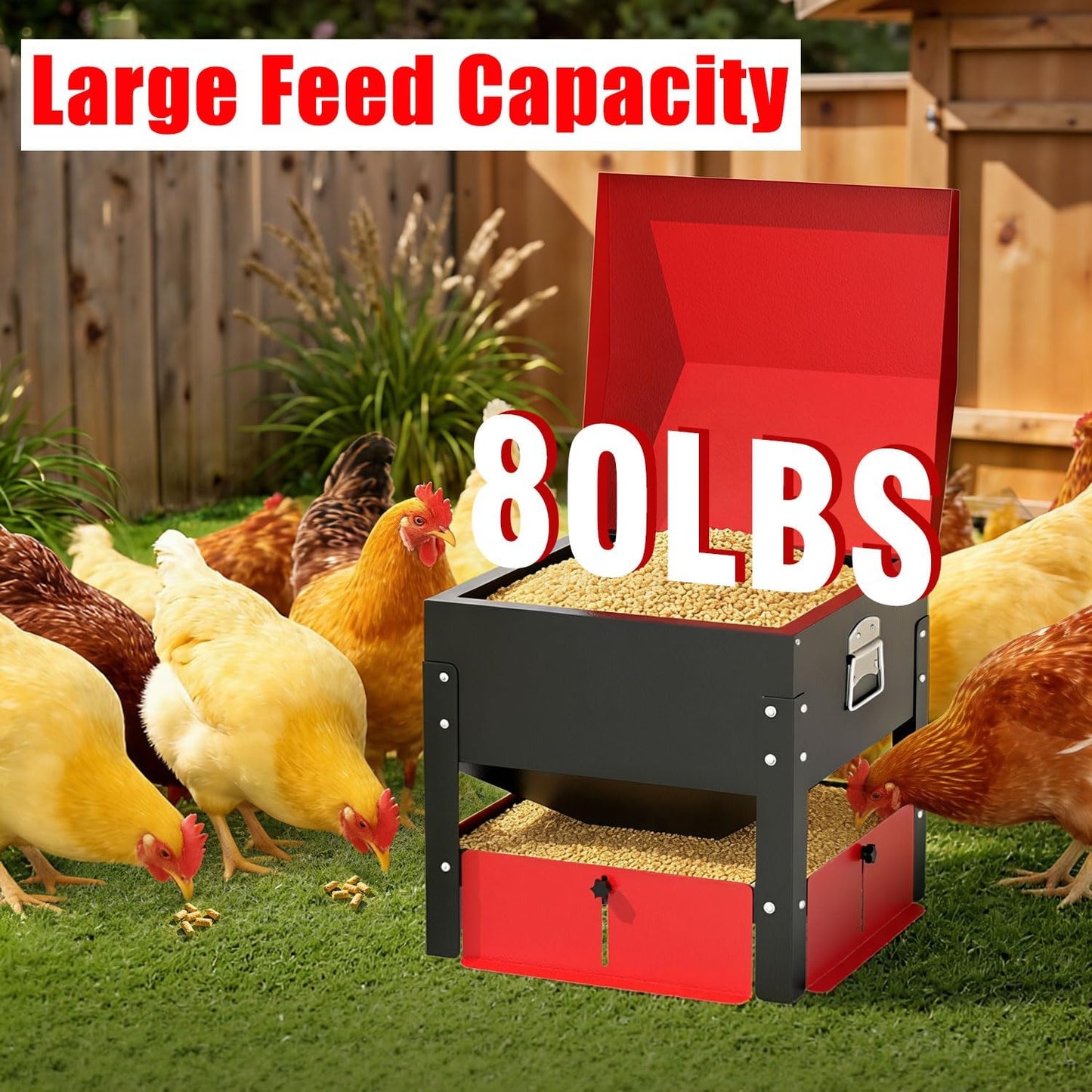 80Lb Automatic Metal Chicken Feeder,Heavy Duty Portable Gravity Chicken Feeder Box with Weatherproof Lid, No Waste Predator-Proof Poultry Feeder with Lockable Access Door for Ducks, Geese