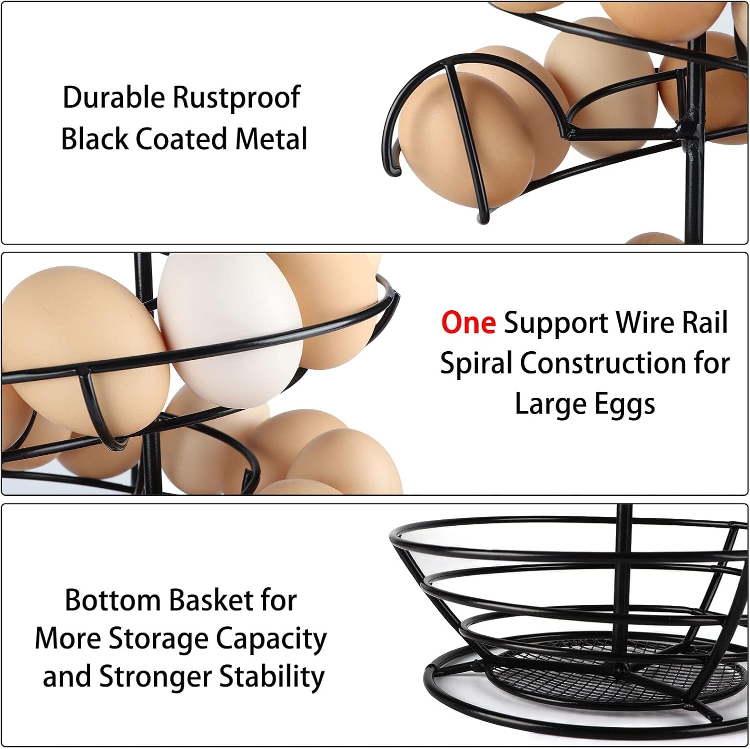 Black Metal Egg Skelter with Storage Basket, Spiral Design Egg Holder for Large Egg for Countertop, Kitchen